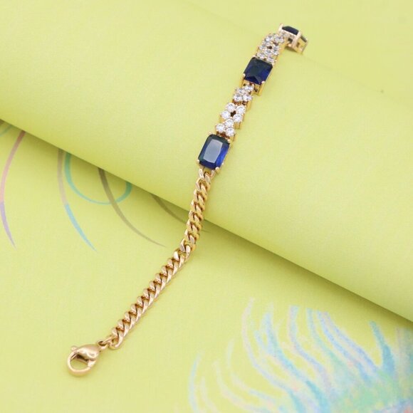 Rose Gold Chain Bracelet with Blue Emerald Cut & CZ, Luxe Contrast Look,XPBL0746 - Picture 5 of 12